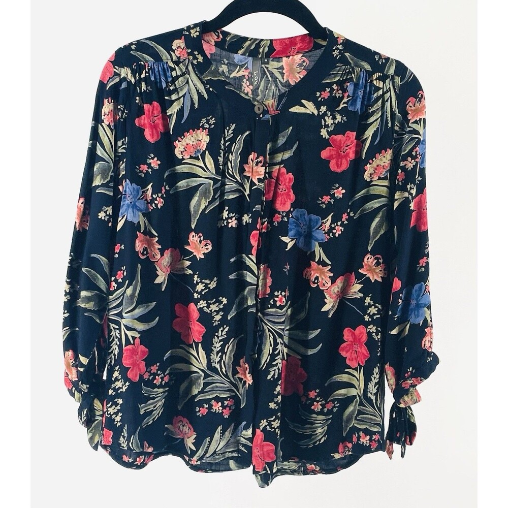 L.O.V. Women’s Floral Boho Blouse Medium Navy Pink Blue Tie Sleeve Botanical